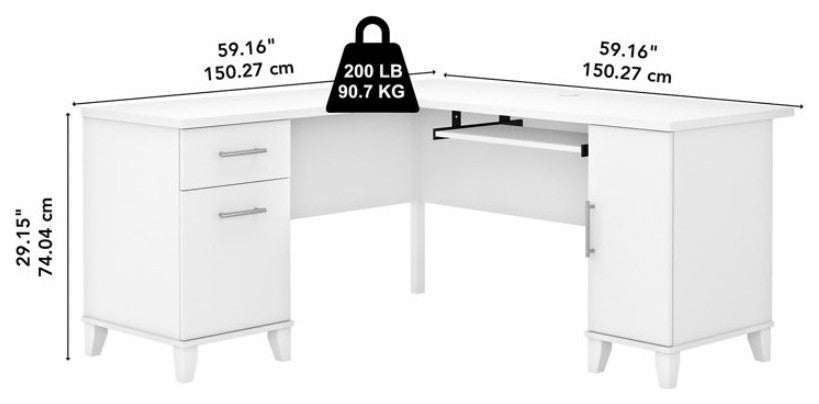 Transitional Desk, L-Shaped Design With Pull Keyboard Tray & Grommet, White
