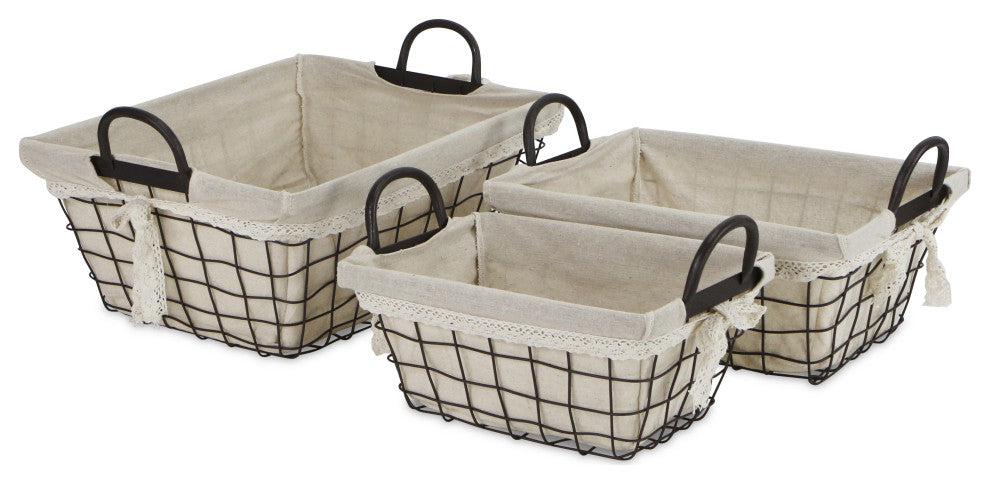 Set Of 3 Wire Basket With Linen Liner