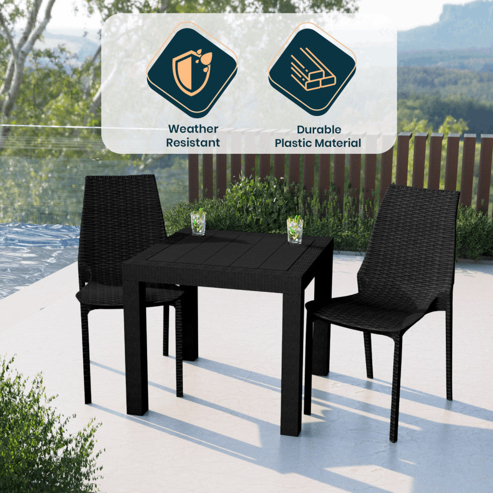 LeisureMod Kent Weave Design 3-Piece Outdoor Patio Dining Set, Black