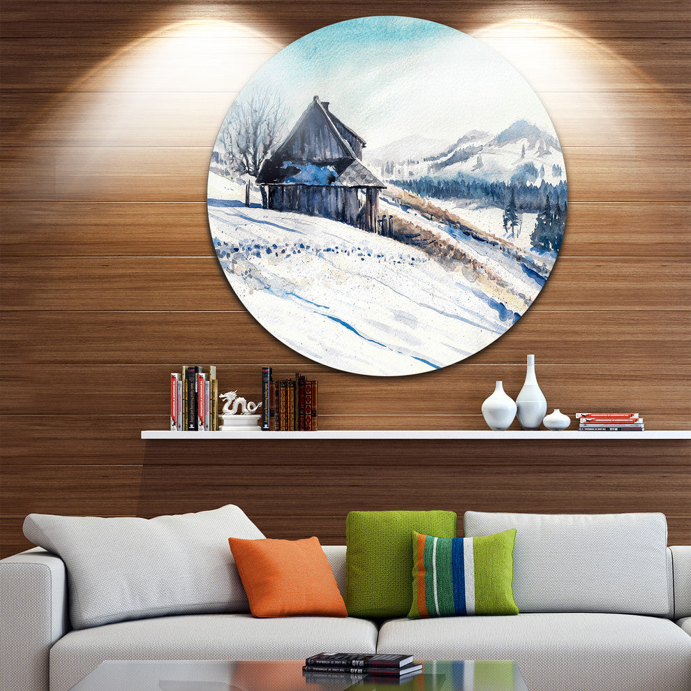 Winter Mountains Watercolor, Landscape Painting Disc Metal Artwork, 38"
