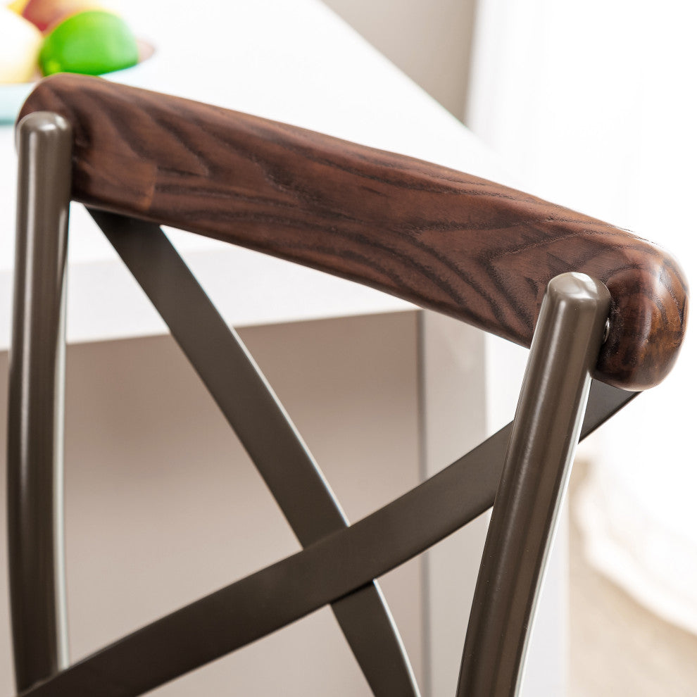Rustic Steel Bar Stool With Solid Elm Wood Seat and Back Support, Set of 2