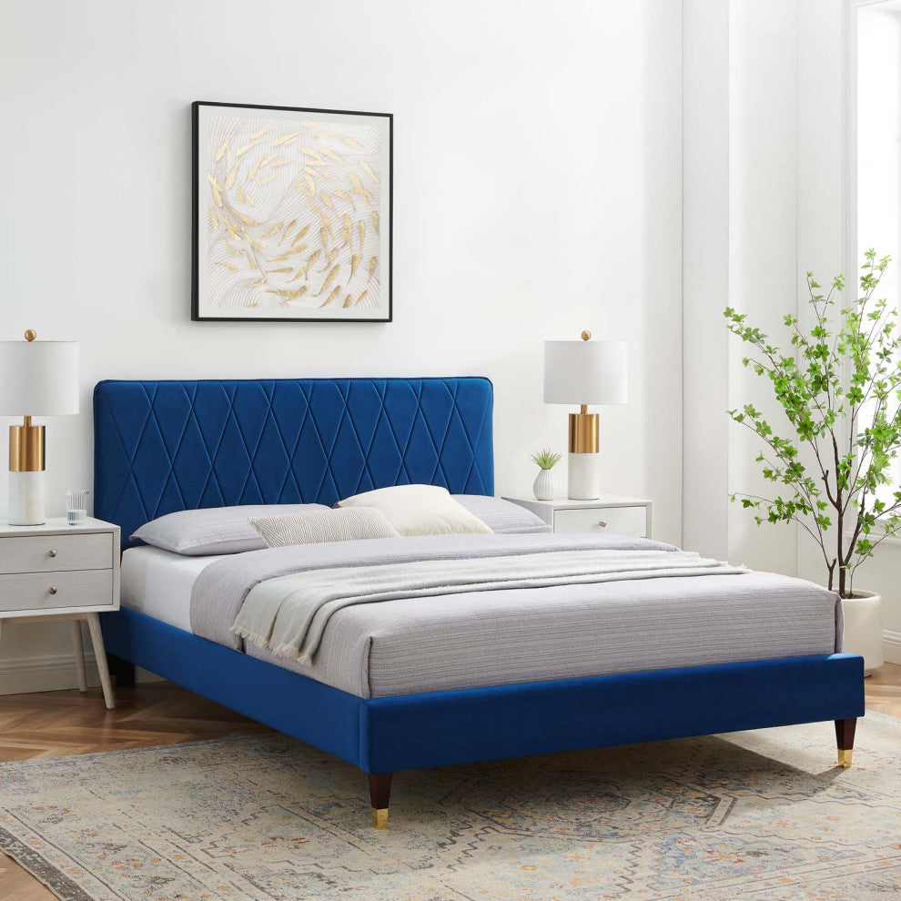 Platform Bed Frame, Queen Size, Velvet, Blue Navy, Modern Contemporary, Bedroom