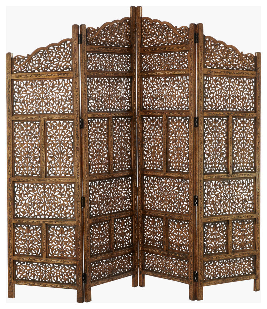 Benzara BM01875 Villa Este Wood Room Divider 4 Panels Carved Screen
