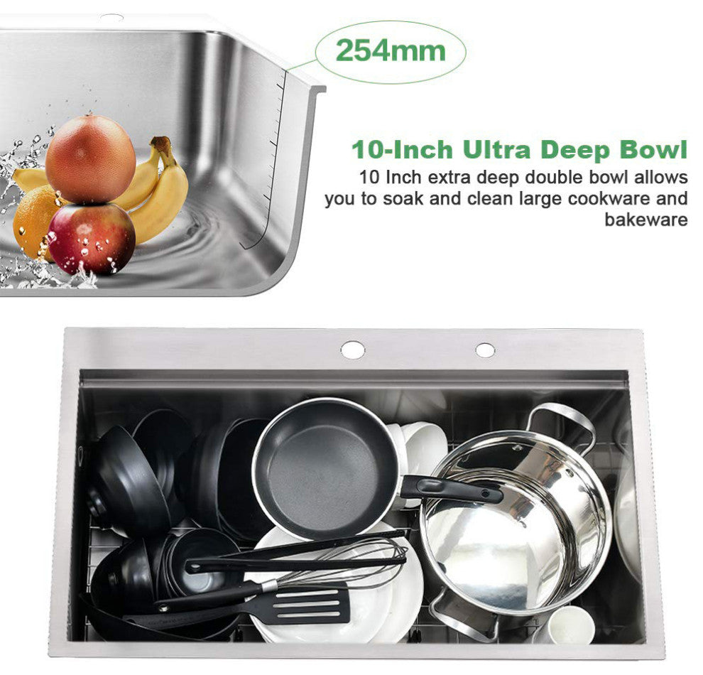 33" L X 22" W Premium Stainless Steel Kitchen Sink, Brushed Nickel