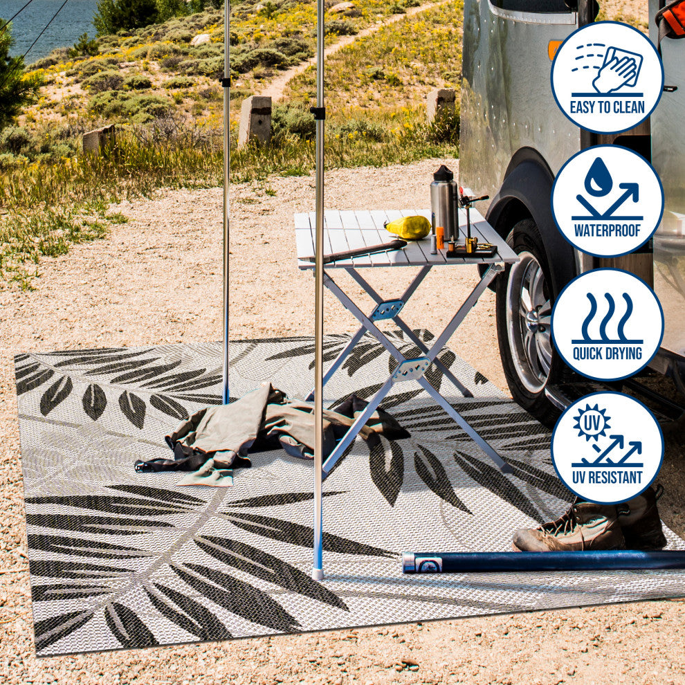 Havana Tropical Palm Leaf Indoor/Outdoor Area Rug, Gray/Black, 5 X 8