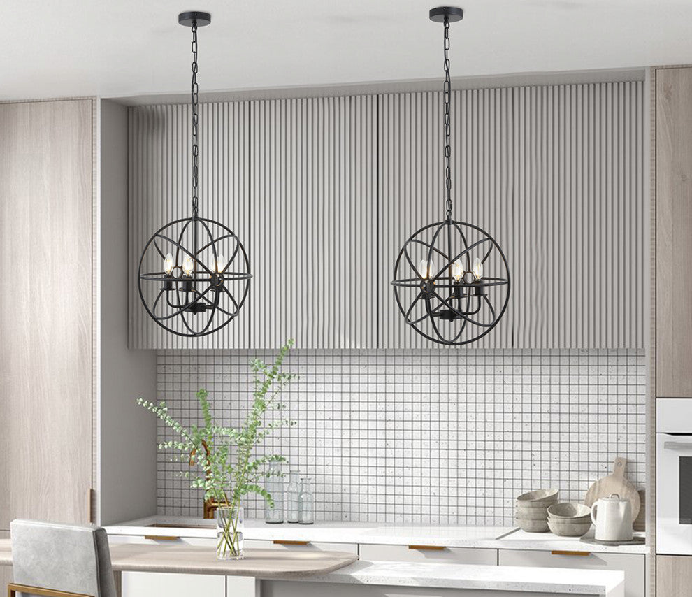 4-Light Industrial Geometric Frame Pendant Lighting Chandelier, Black