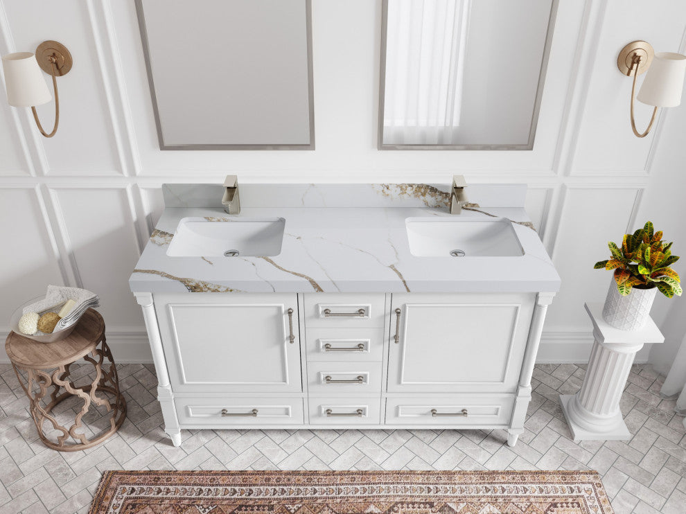 Aberdeen 60 Double Bathroom Vanity in White 2" Calacatta Gold
