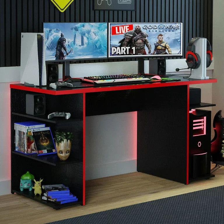 Modern Desk, Wooden Construction With Multiple Open Shelves & Large Top, Red