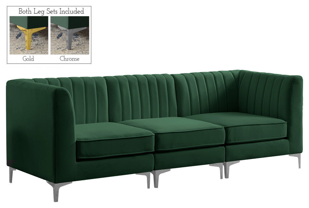 Alina Velvet Upholstered 3-Piece Modular Sectional, Green