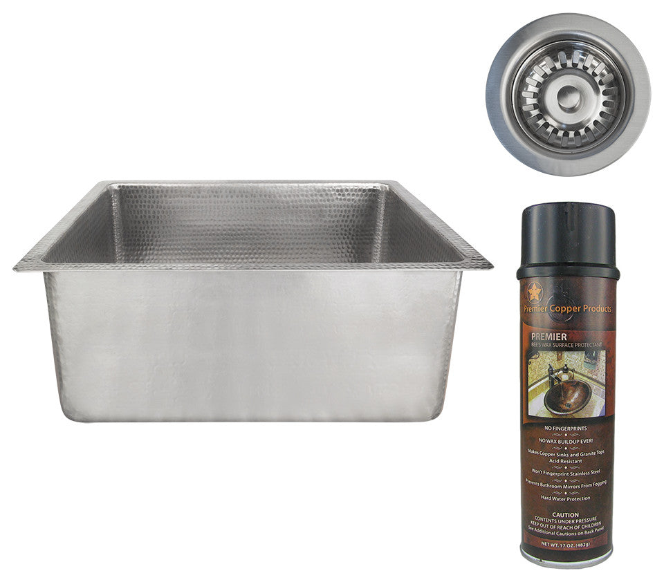20" Rectangle Hammered Copper Kitchen/Bar/Prep Single Basin Sink, Nickel