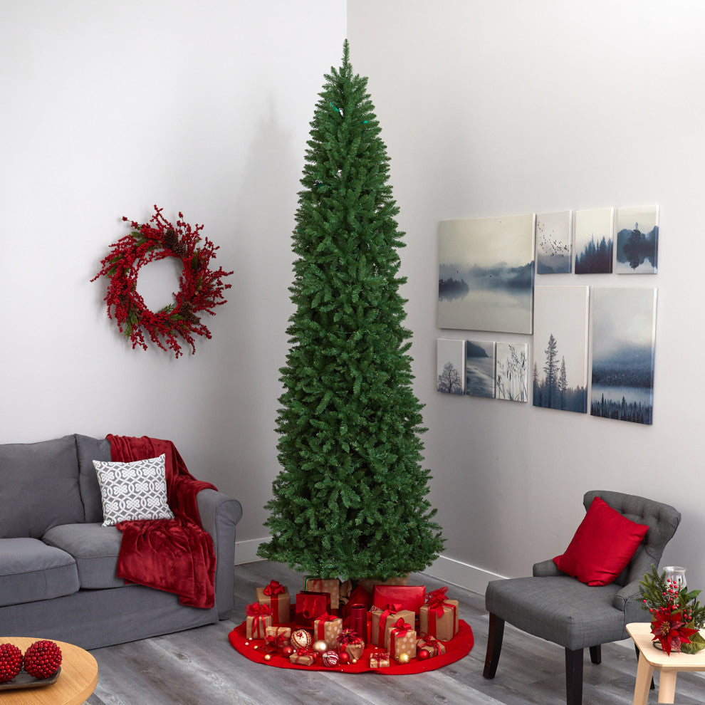 10' Slim Green Mountain Pine Artificial Christmas Tree With 800 Clear LED Lights