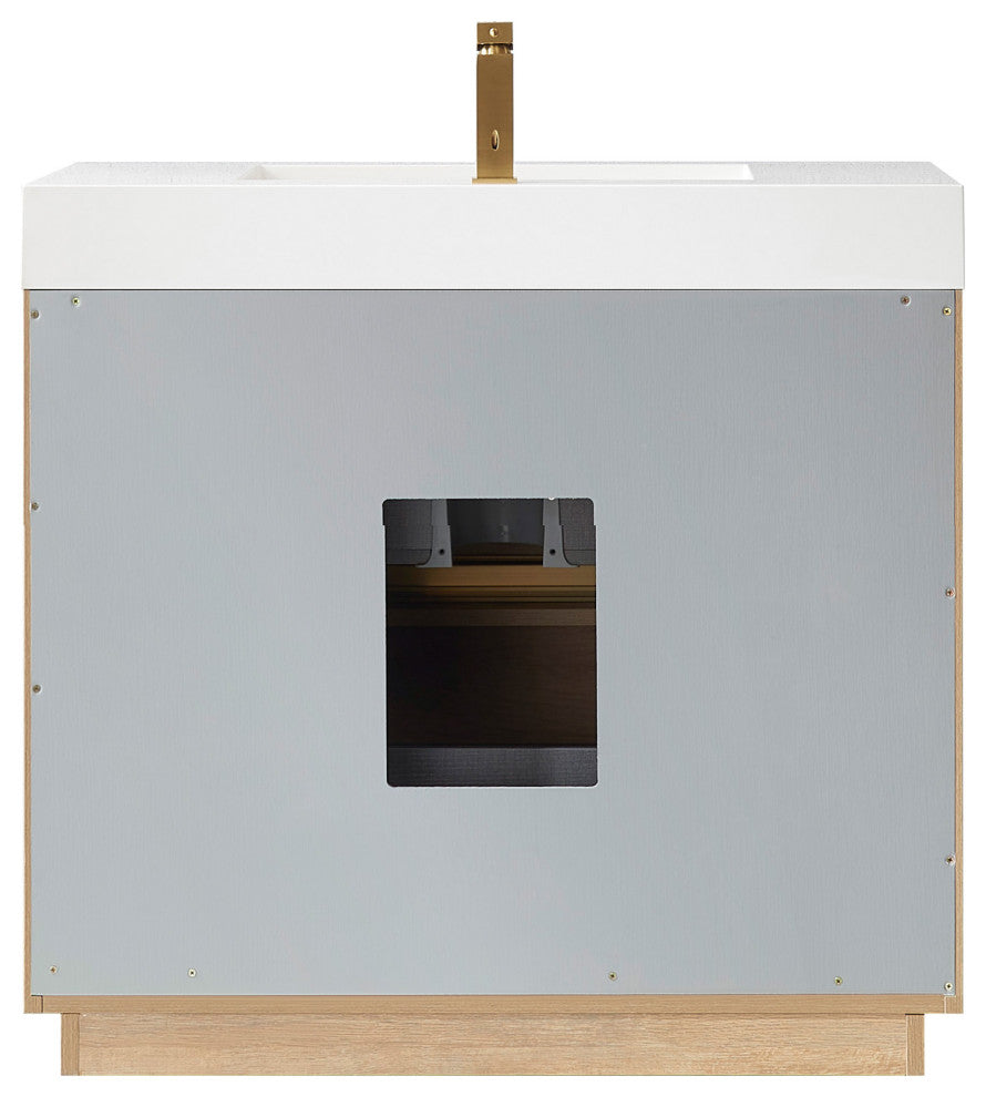 Huesca Bath Vanity, Integrated Sink Top, North American Oak, 36", With Mirror