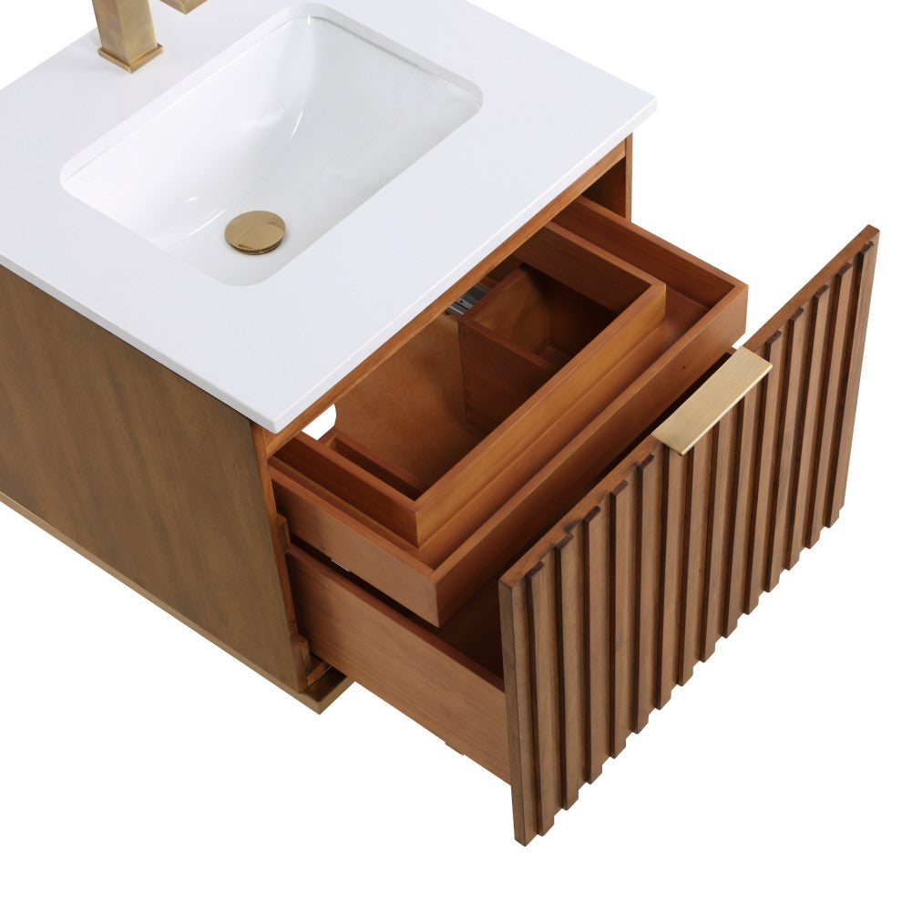 Terra Bathroom Vanity, Walnut/Satin Brass With White Quartz, 24", White Quartz Top