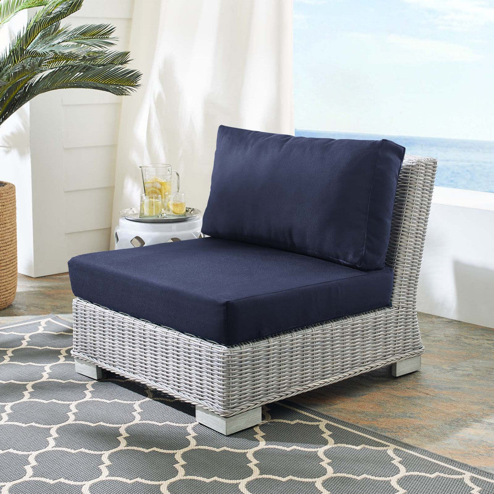Lounge Chair, Sunbrella, Rattan, Wicker, Gray Blue Navy, Modern, Outdoor