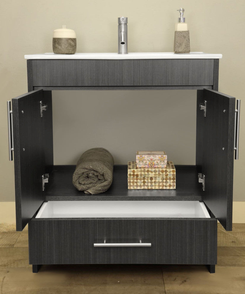 Pacific 30" Vanity With Integrated Ceramic Top and Brushed Nickel Handles, Black
