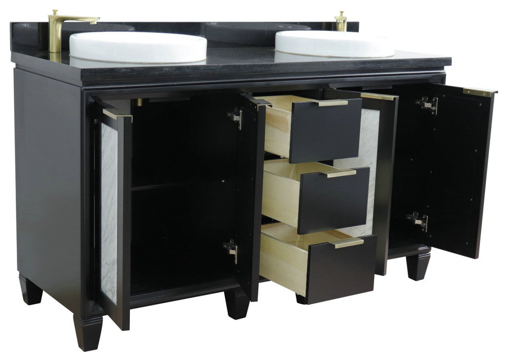 61" Double Sink Vanity, Black Finish With Black Galaxy Granite And Round Sink