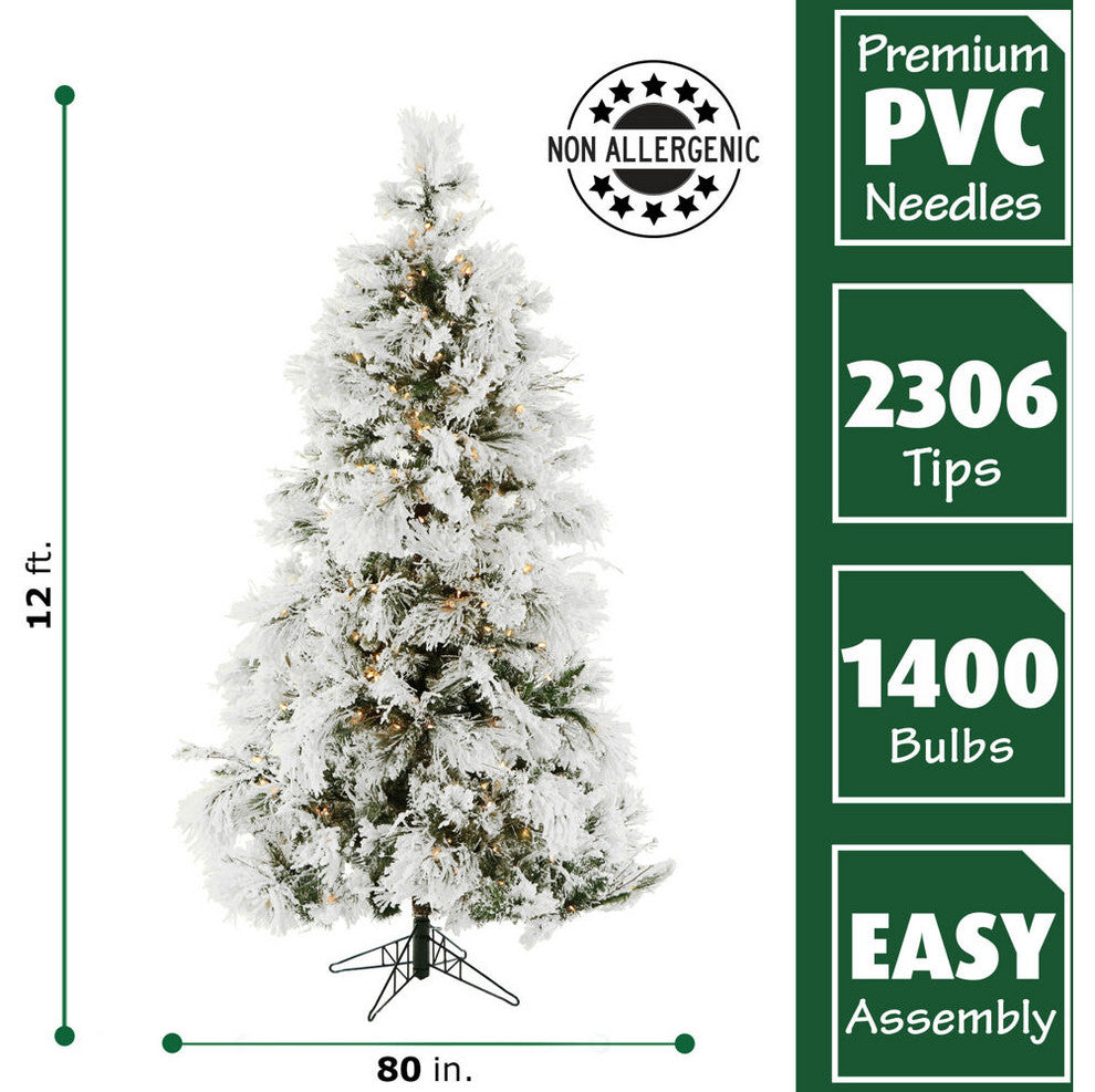 Flocked Snowy Pine Christmas Tree, 12', Smart String Lights