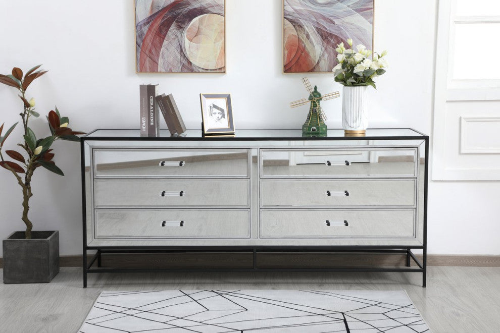Jesse 72" Mirrored 6-Drawer Chest, Black