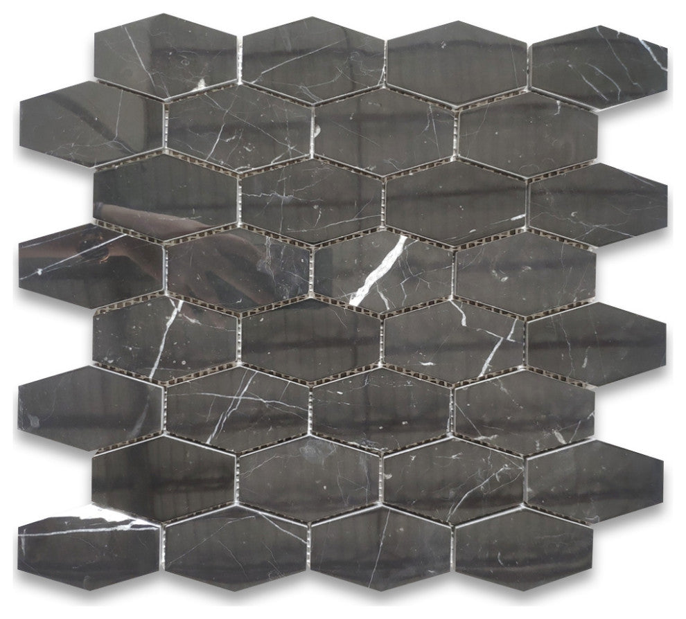 Nero Marquina Black Marble Elongated Hexagon Mosaic Tile Polished, 1 sheet