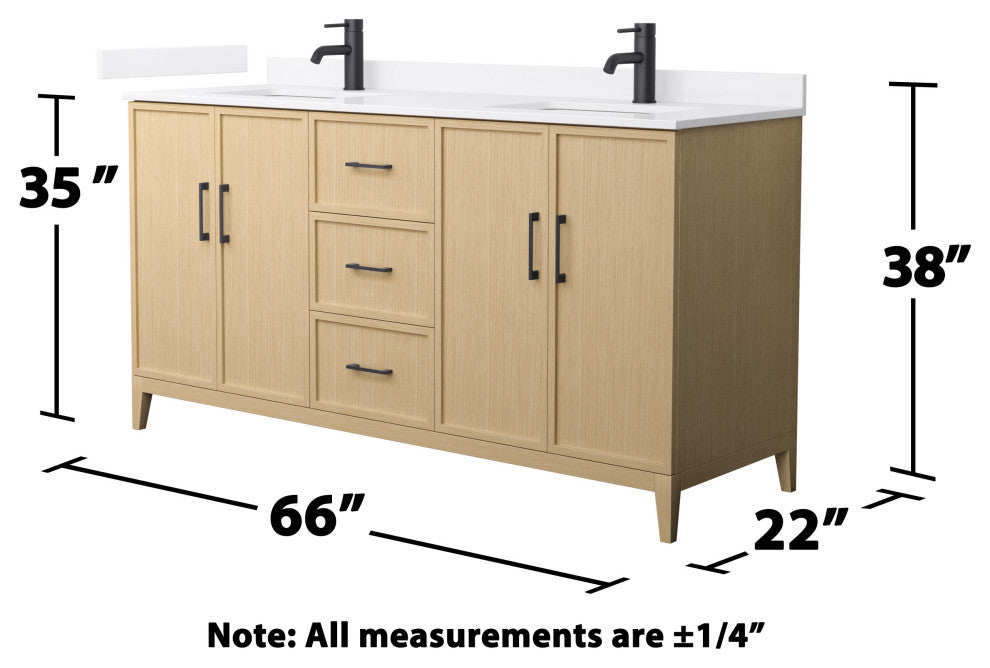 Elan 66" Double Vanity, White Oak, White Quartz Top, 1-Hole, Black Trim
