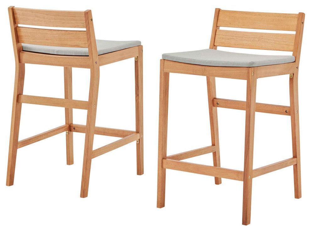 Bar Side Stool Chair, Set of 2, Wood, Brown Natural Taupe Gray, Modern, Outdoor