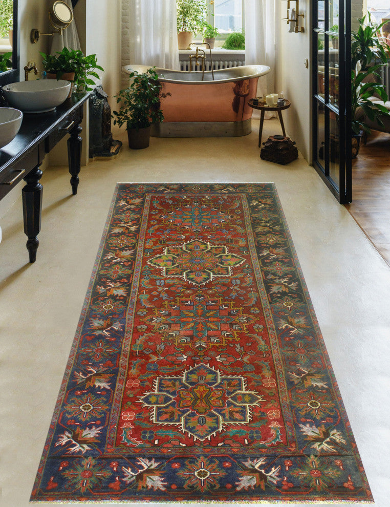 Fine Vintage Distressed Mckenna Red/Navy Runner, 4'5x10'4