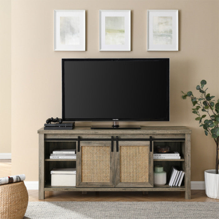 Farmhouse fireplace tv stand 65 inch grey Cabinet Door with wood 4 Storage Shelv