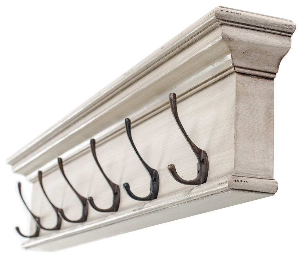 Rustic Antiqued Ivory Six Hook Hanging Coat Rack