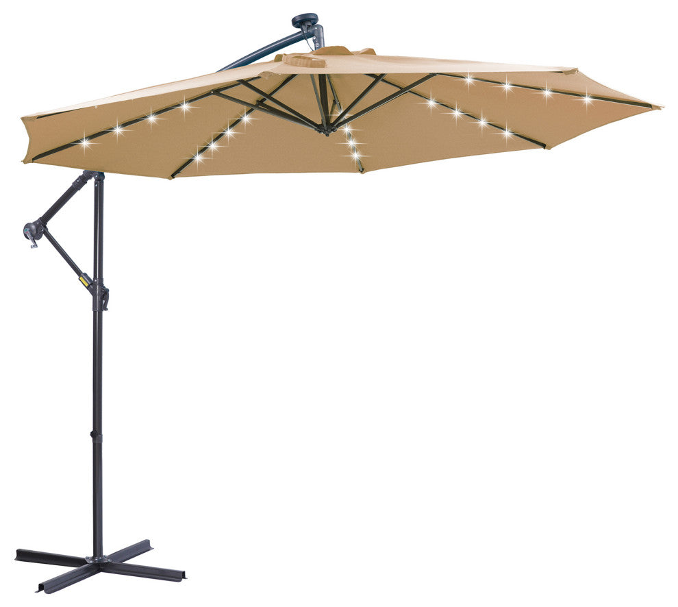 10' Steel Patio Hanging Cantilever Umbrella With 32 Solar LED Lights, Taupe