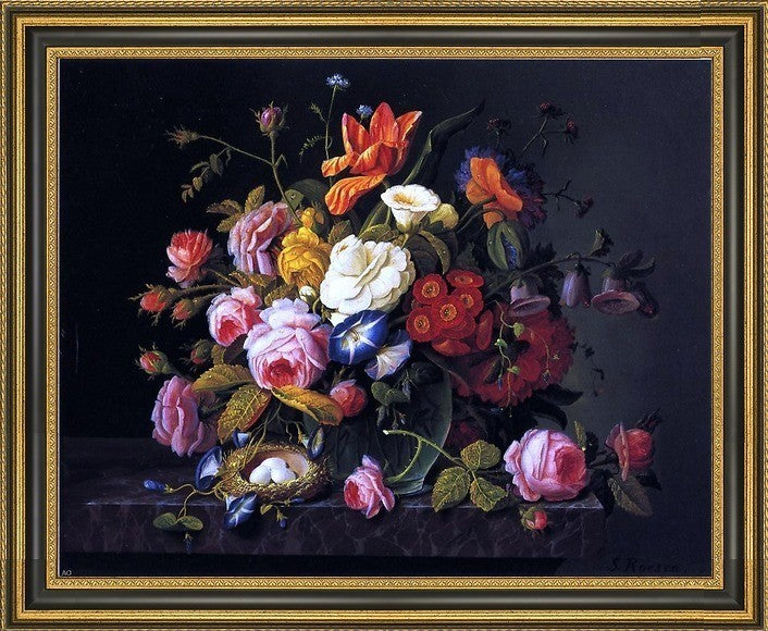 Severin Roesen Still Life with Birds Nest Framed Premium Canvas Print, 20"x25"