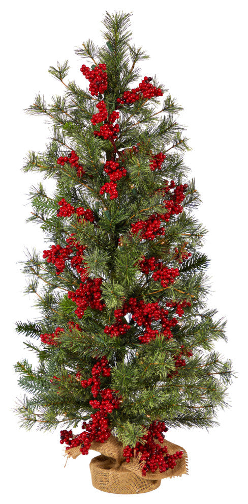 T3254 3 Berry and Pine Christmas Tree With 50 White Lights & Burlap Wrapped Base