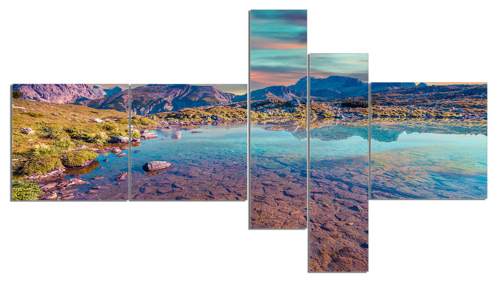 Beautiful Lake in Lago Rienza, Seashore Canvas Art Print, 60"x32", 5 panels