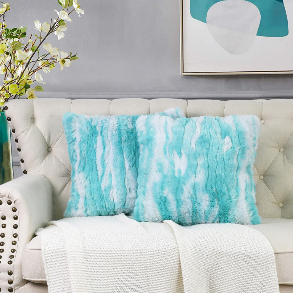 Jacquard Faux Fur Pillow Covers Set of 2, Blue Turquoise, 26'' x 26''