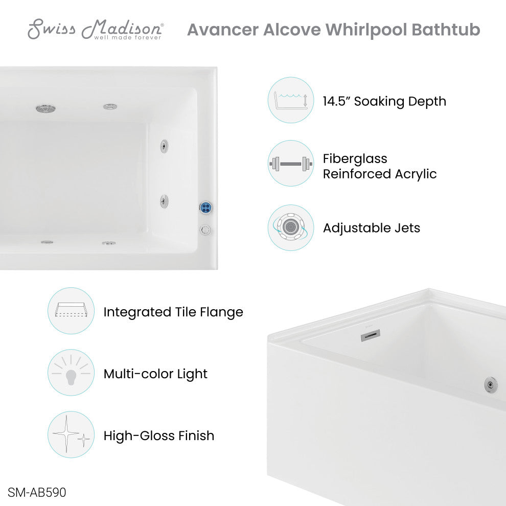 Avancer 60"x36" Alcove Whirlpool Bathtub With Apron, Left Hand Drain