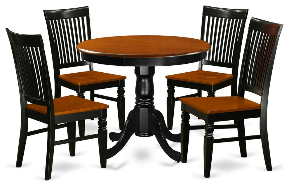 5 Pc Kitchen Set, Dining Table, 4 Wood Seat Kitchen Chairs In Black, Cherry