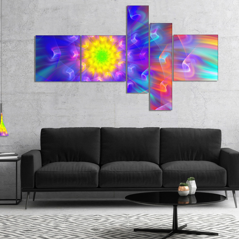 Bright Blue Fractal Petals Dandelion, Floral Canvas Art Print, 60"x32", 5 panels