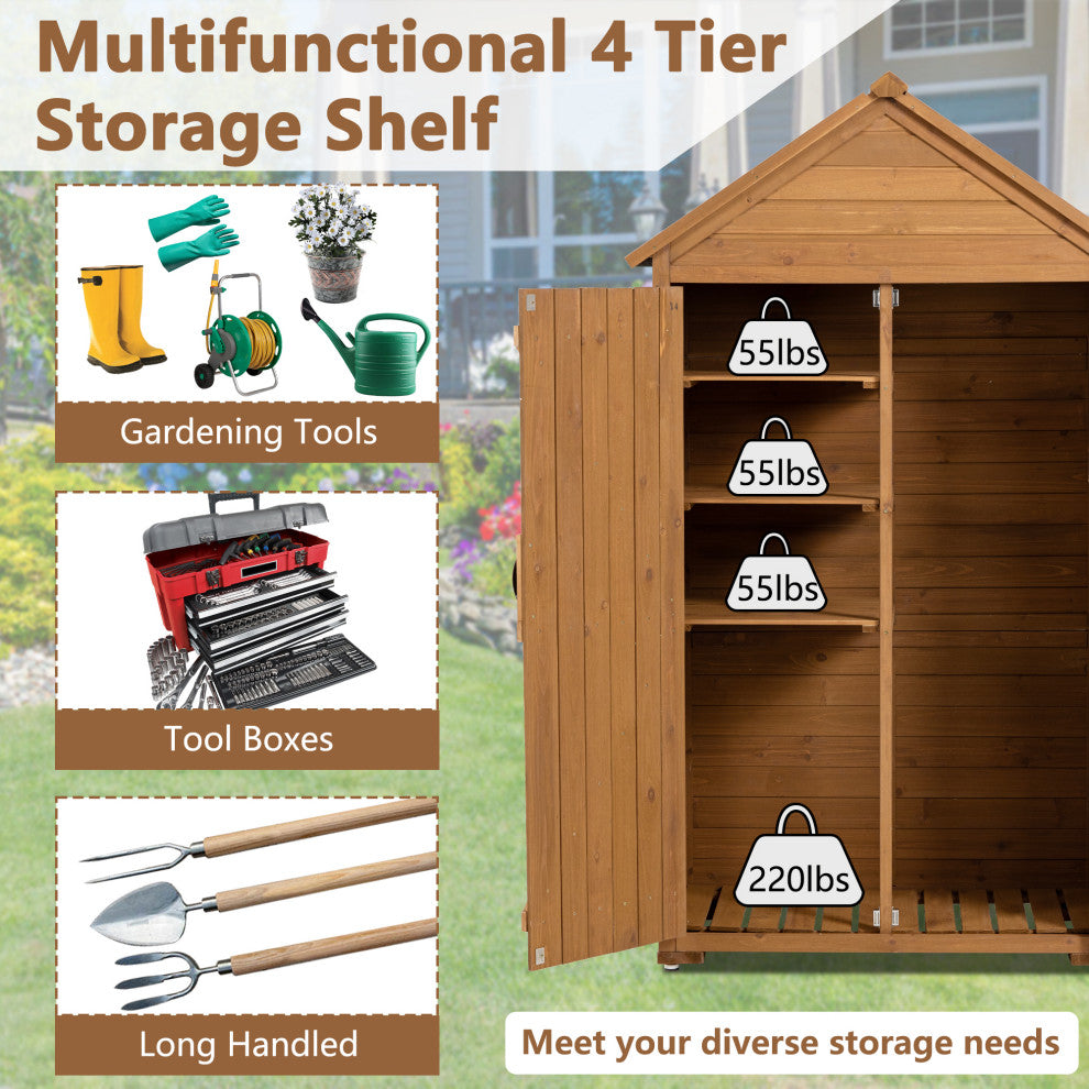 Outdoor Storage Shed with 3 Removable Shelves and Waterproof Roof, Brown