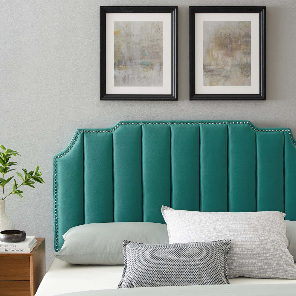 Headboard, Full Queen Size, Velvet, Teal Blue, Modern Contemporary, Bedroom