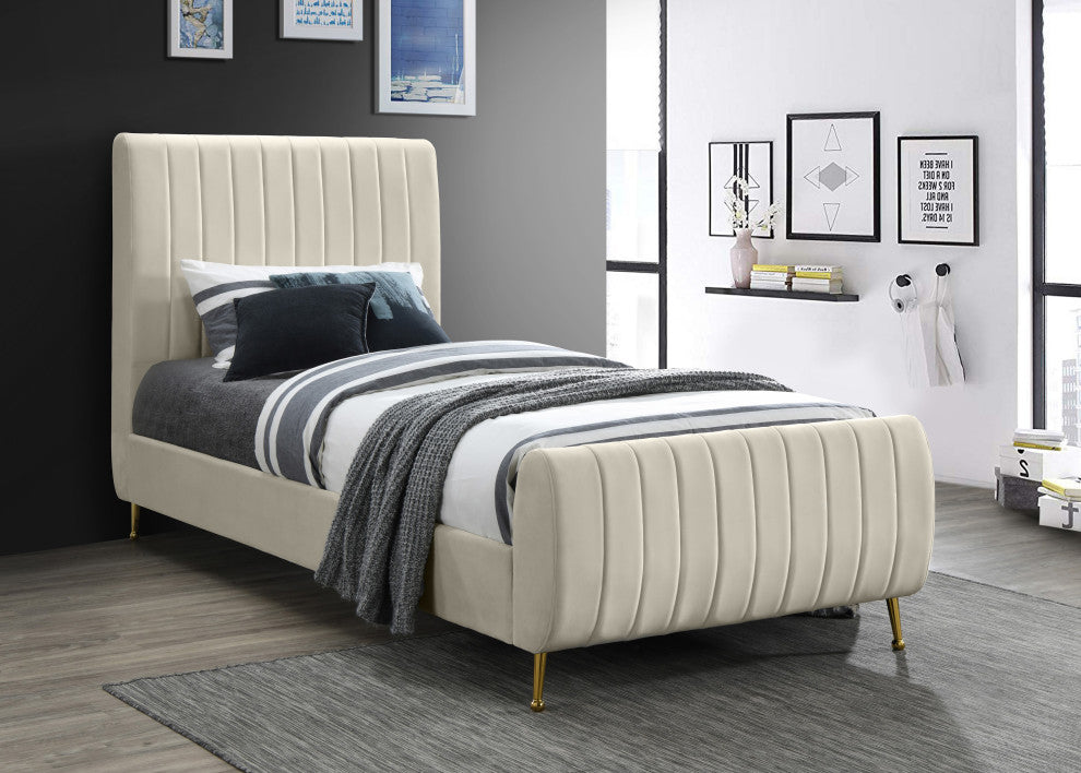 Zara Channel Tufted Velvet Upholstered Bed With Custom Gold Legs, Cream, Twin