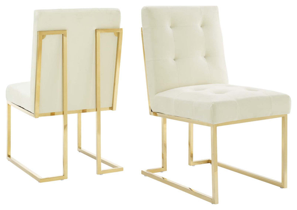 Side Dining Chair, Set of 2, Velvet, Metal, Gold Ivory White, Modern, Bistro