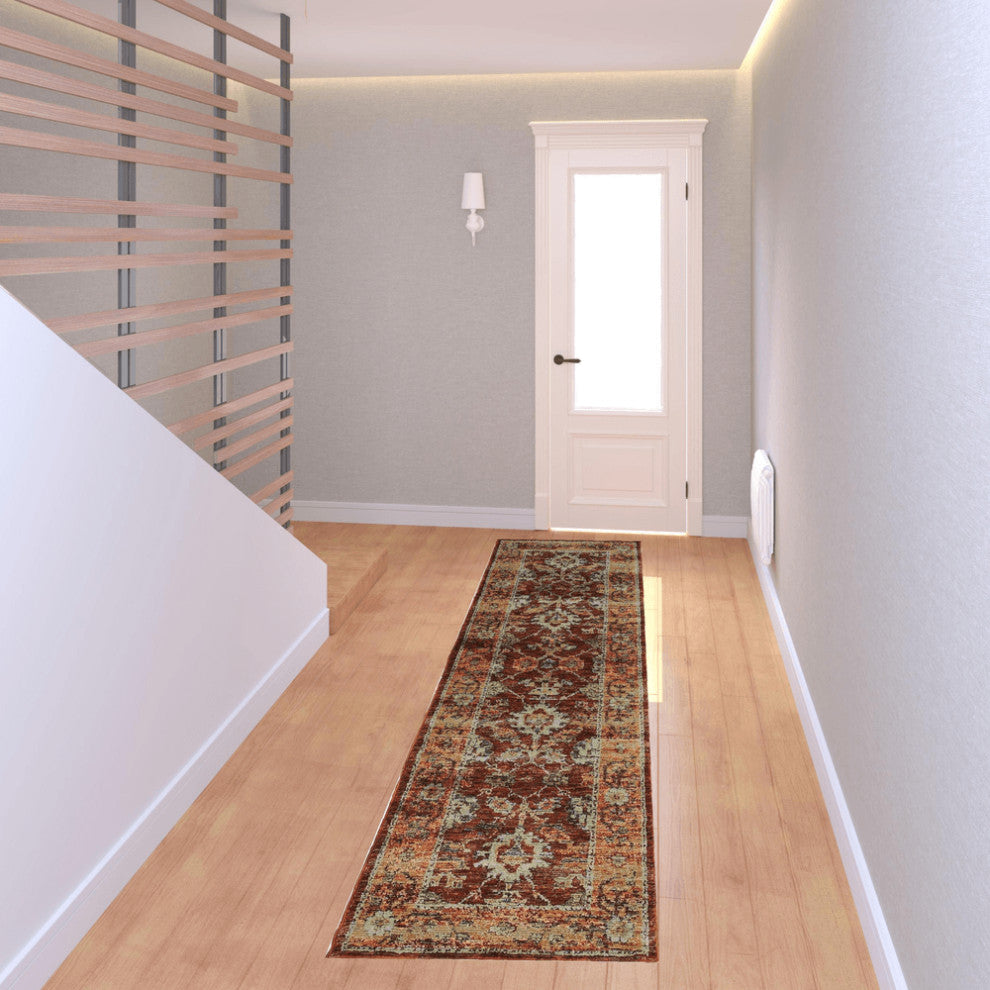 8' Runner Red and Gold Oriental Power Loom Runner Rug
