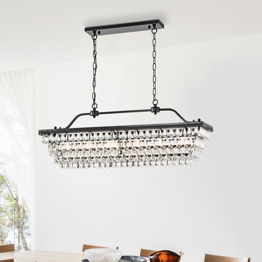 6-Light 40 in. Antique Black Rectangular Crystal Chandelier Dining Room Fixture