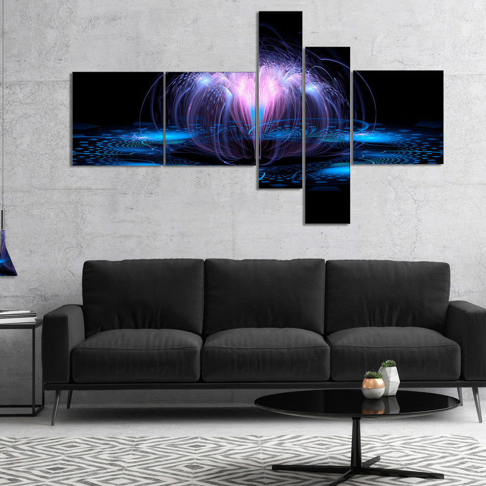 Fractal Blue Flowing Flower, Floral Art Canvas Print, 60"x32", 5 panels