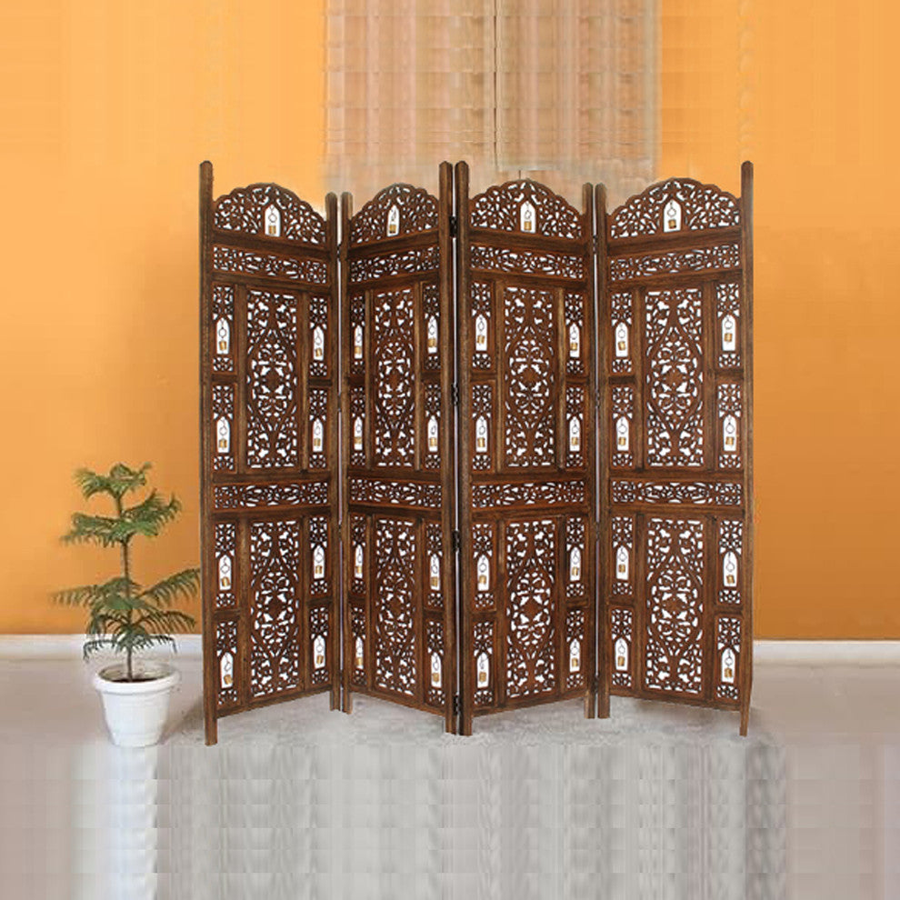 Handcrafted Wooden 4 Panel Room Divider Screen With Tiny Bells -Reversible