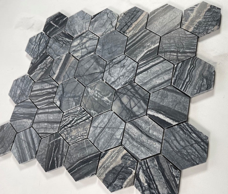 Silver Wave Black Forest Marble 2 Hexagon Mosaic Wall Floor Tile Honed, 1 sheet