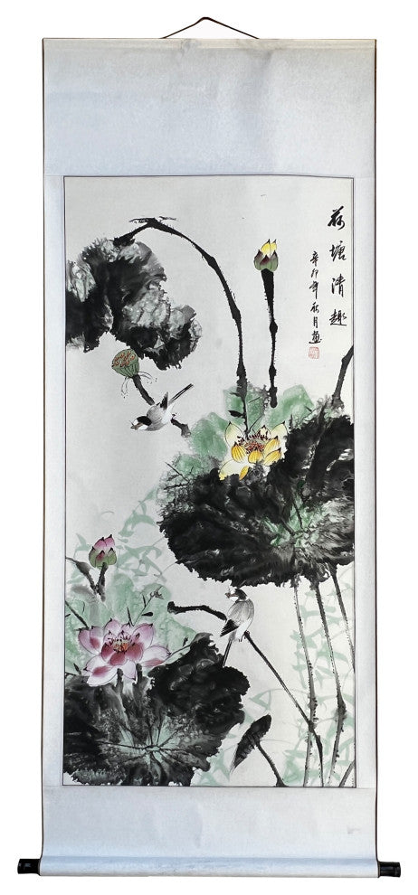 Chinese Color Ink Water Lotus Flowers Leaves Scroll Painting Wall Art Hws3043