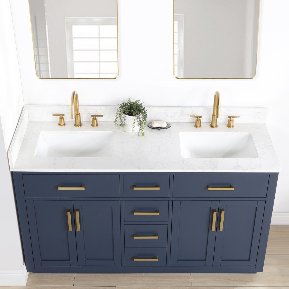 Gavino Vanity With Grain White Composite Stone Top, Royal Blue/Brushed Gold, 60", With Mirror