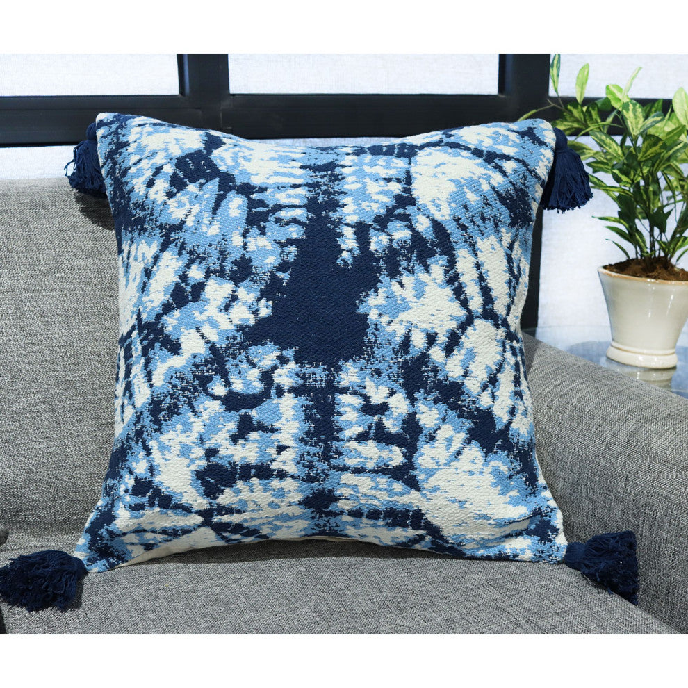 Blue Machine Woven with Tassels Viston Throw Pillow, 20" x 20"