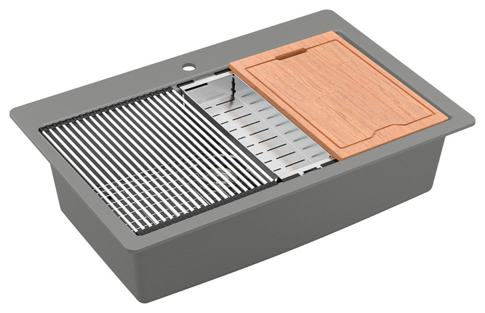 Karran Top Mount 33" Single Bowl Quartz Workstation Kitchen Sink, Grey