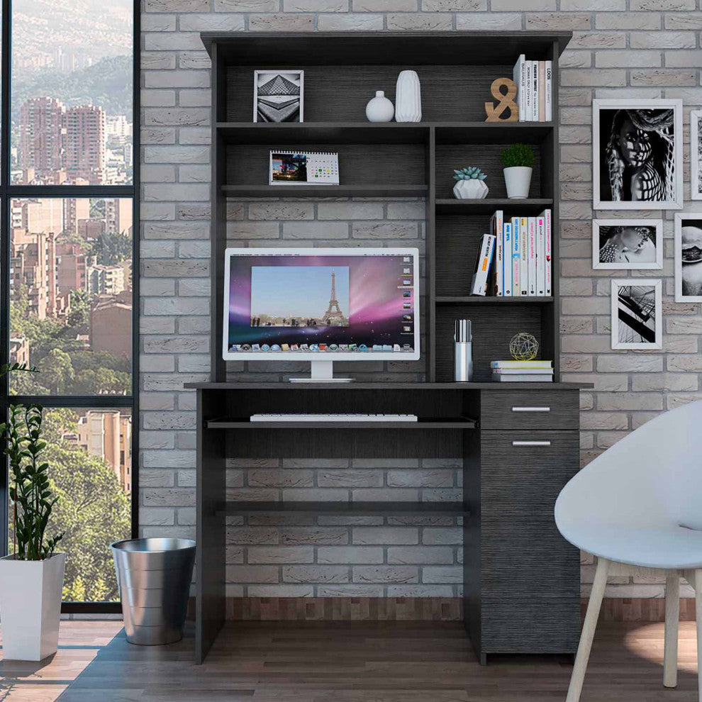 Weston 2 Computer Desk, With 2 Drawers, 6 Shelves And Hutch, Gray Oak